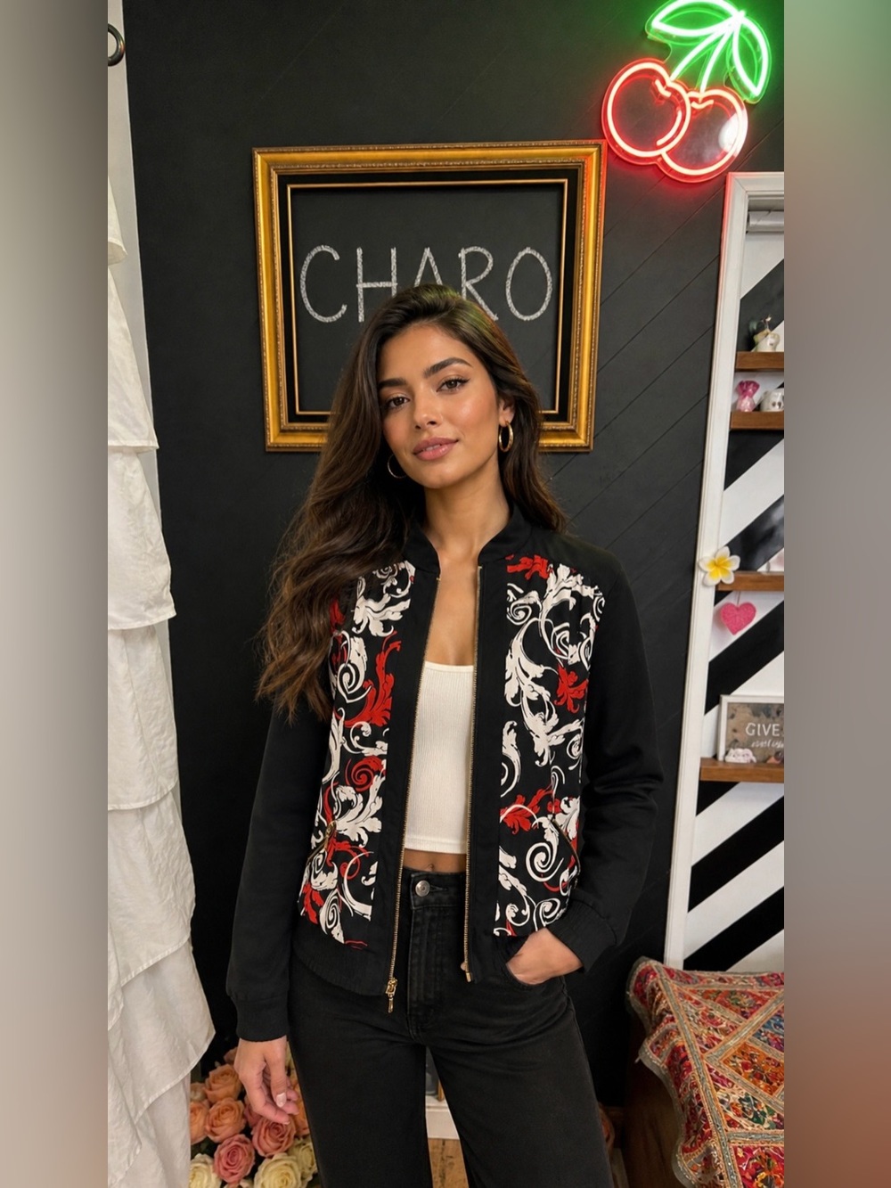 Zenergy by Chico’s Mixed Print Baroque Bomber Jacket Size 0